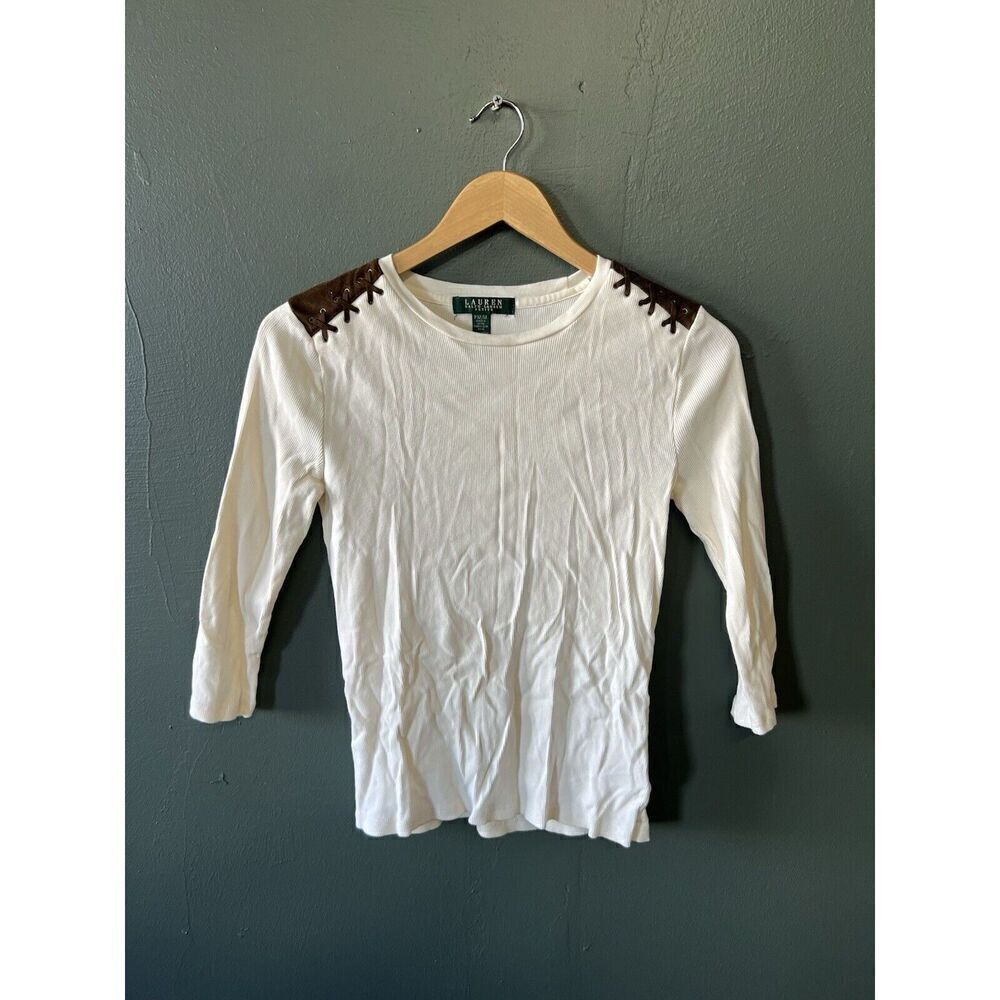 Ralph Lauren Petite M Beige Rib Knit Top Leather Zipper Shoulders